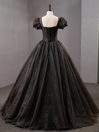 Black Square Neckline Tulle Long Prom Dress Shiny Black Evening Dresses Y4386