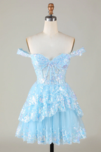 Vestido corto de fiesta de bienvenida con corsé azul brillante, encaje escalonado y corte en A Y4083