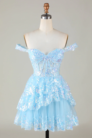 Robe de bal courte bleu pailleté à corset et dentelle à volants Y4083