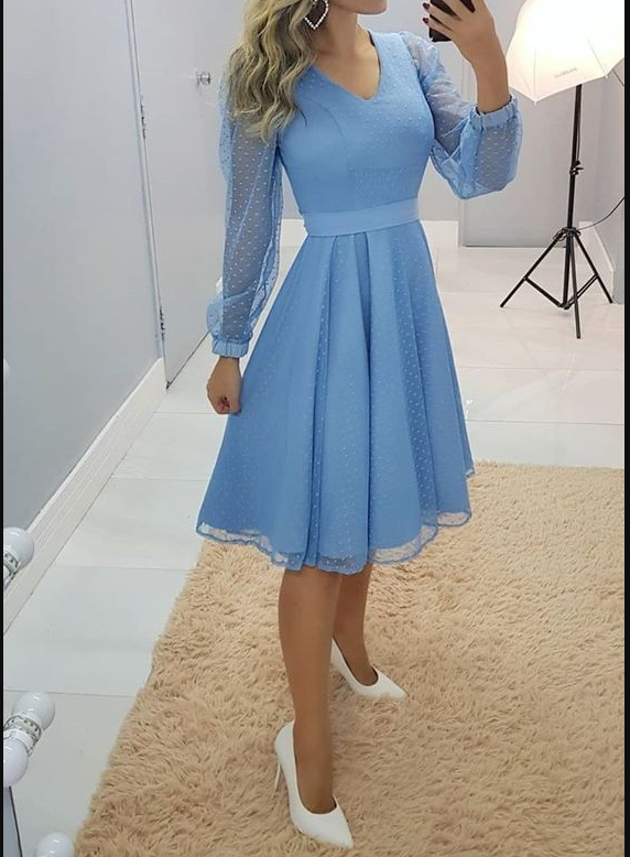 Vestido de fiesta azul de manga larga corte A, vestido azul para baile de bienvenida Y6045