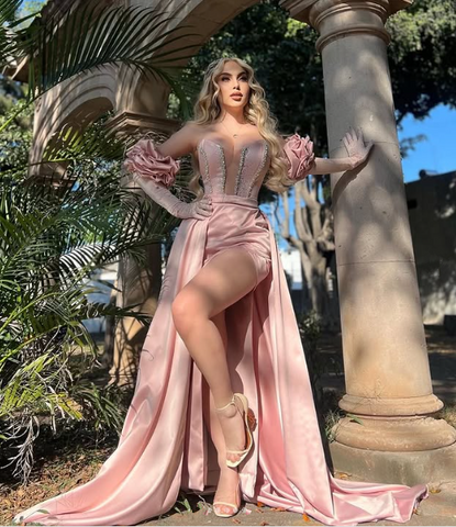 Glamorous Pink Satin Beaded Mermaid Slit Prom Dress Evening Dress With Gloves Y8534