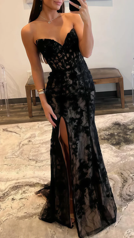 Vestido de noche negro, sexy, sin tirantes, escote corazón, encaje, abertura, estilo sirena, vestido de fiesta Y8017