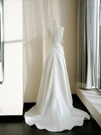 Classy Strapless Satin Pearls Chain White Prom Dress A Line Evening Dress Y8684