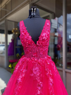 Vestidos de fiesta rosas de encaje con escote en V, vestidos largos de noche formales rosas de encaje con escote en V Y227