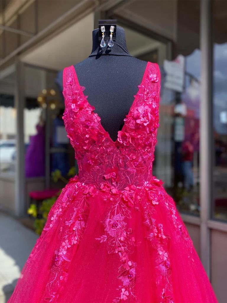Vestidos de fiesta rosas de encaje con escote en V, vestidos largos de noche formales rosas de encaje con escote en V Y227