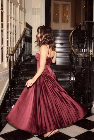 Vestido de fiesta largo de satén burdeos con tirantes, corte en A, estilo vintage, modelo Y7994