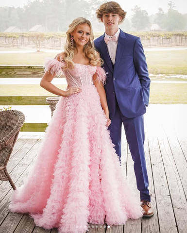 Vestido de noche de tul rosa con volantes, vestido de graduación de tul, corsé de tul, vestido de noche de tul Y6093