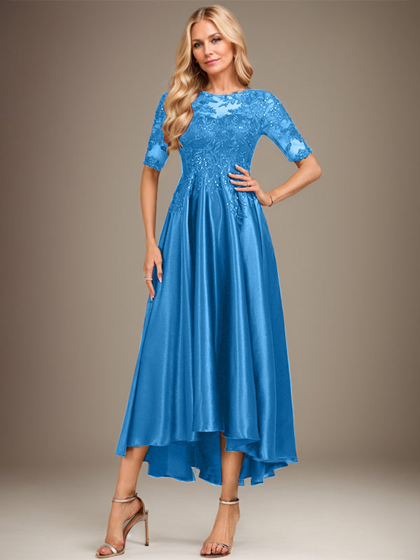 Robe de mère de la mariée asymétrique en satin stretch dentelle et dentelle, coupe trapèze, effet illusion, ornée de sequins 