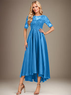 Robe de mère de la mariée asymétrique en satin stretch dentelle et dentelle, coupe trapèze, effet illusion, ornée de sequins 
