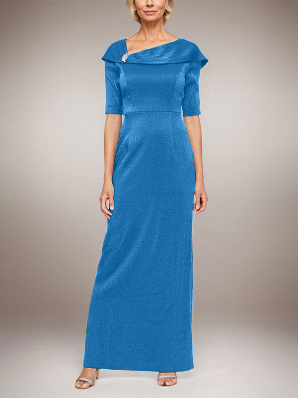 Vestido largo columna brillante con puño doblado, escote en L y mangas al codo
