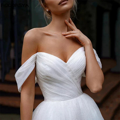 Off Shoulder Glitter Tulle Wedding Dresses Sweetheart Straps Bridal Gowns For Bride Robe De Mariée Beach Sweep Train For Women