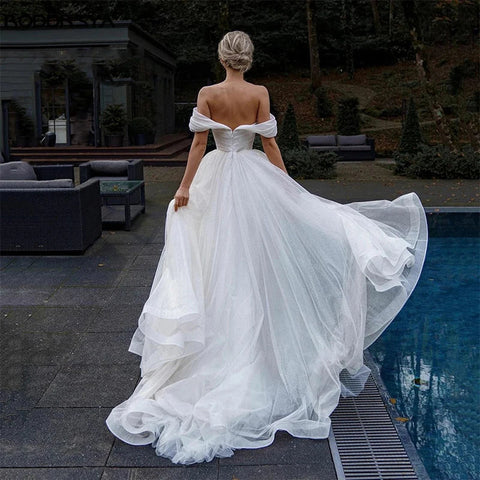 Off Shoulder Glitter Tulle Wedding Dresses Sweetheart Straps Bridal Gowns For Bride Robe De Mariée Beach Sweep Train For Women