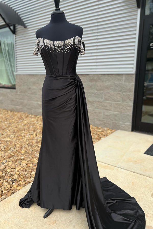Robe de bal longue sirène noire à épaules dénudées avec perles PSK611