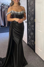 Robe de bal longue sirène noire à épaules dénudées avec perles PSK611