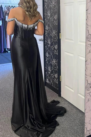 Robe de bal longue sirène noire à épaules dénudées avec perles PSK611