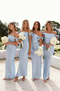 Robe de demoiselle d'honneur bleu clair en satin plissé, robe fourreau à épaules dénudées BD136