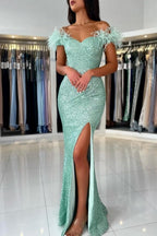 Off The Shoulder Light Green Split Front Prom Dress with Sequins