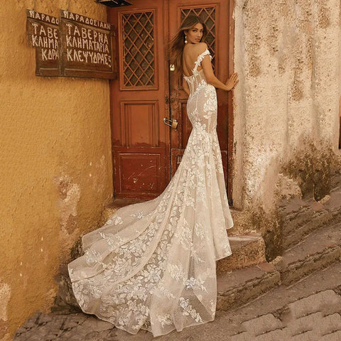 Vestidos De Novia De sirena con hombros descubiertos, Vestidos De Novia De encaje con espalda descubierta, apliques para playa y campo