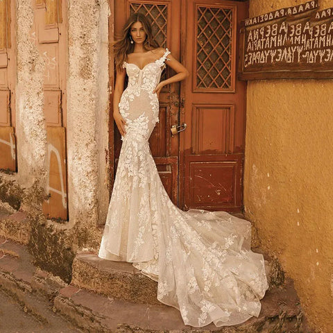 Vestidos De Novia De sirena con hombros descubiertos, Vestidos De Novia De encaje con espalda descubierta, apliques para playa y campo
