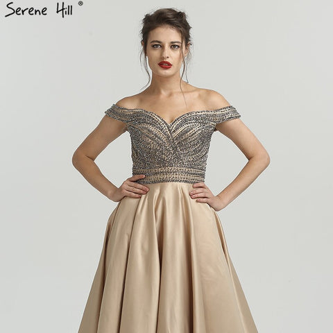 Robe de soirée trapèze sexy à épaules dénudées et perles, luxueuse, en satin et cristaux, 2025 LA6252 