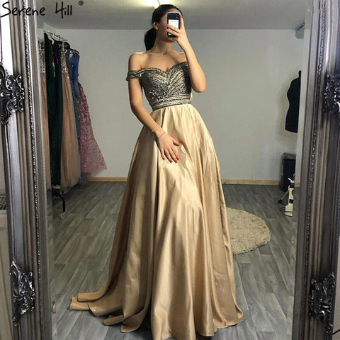 Robe de soirée trapèze sexy à épaules dénudées et perles, luxueuse, en satin et cristaux, 2025 LA6252 