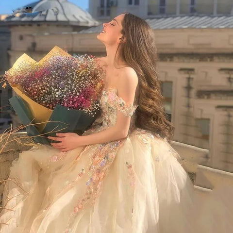 Vestidos largos de noche de tul con escote corazón y hombros descubiertos, apliques de flores 3D, vestidos de fiesta formales, vestidos de princesa para baile de graduación