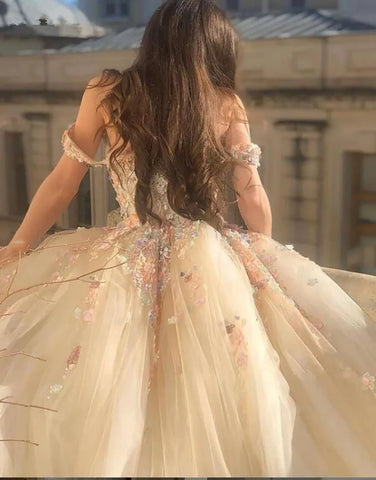 Vestidos largos de noche de tul con escote corazón y hombros descubiertos, apliques de flores 3D, vestidos de fiesta formales, vestidos de princesa para baile de graduación