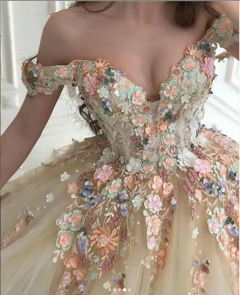 Robes de soirée longues en tulle à épaules dénudées et décolleté cœur, ornées d'appliqués floraux 3D, robes de bal de princesse, robes de soirée formelles