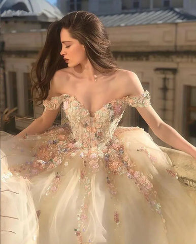 Vestidos largos de noche de tul con escote corazón y hombros descubiertos, apliques de flores 3D, vestidos de fiesta formales, vestidos de princesa para baile de graduación