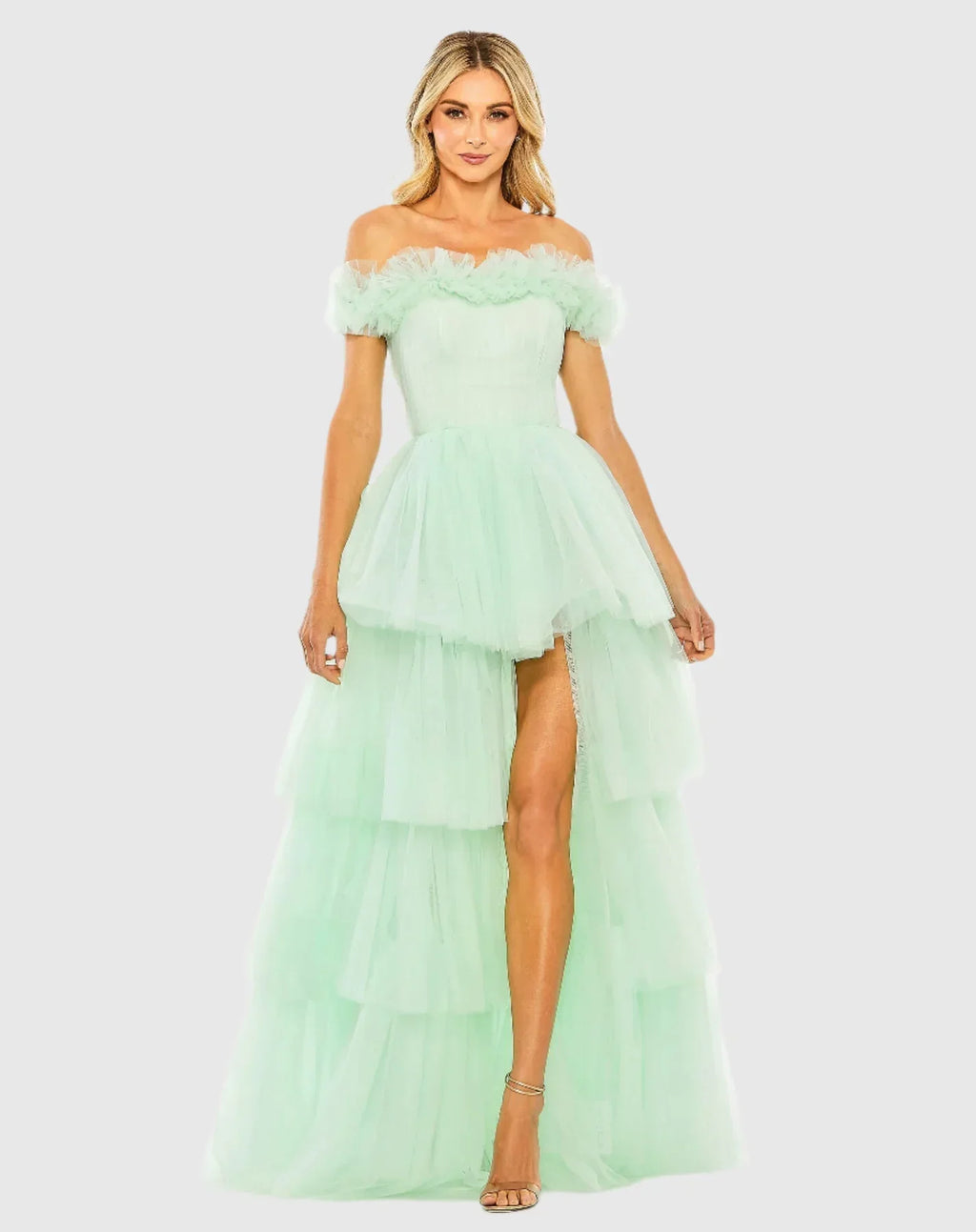 Vestido de graduación de tul con hombros descubiertos y corte asimétrico SYP179