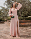 Vestido de fiesta de gasa con hombros descubiertos y abertura SYP170 