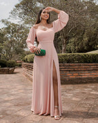 Vestido de fiesta de gasa con hombros descubiertos y abertura SYP170 