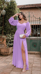Vestido de fiesta de gasa con hombros descubiertos y abertura SYP170 