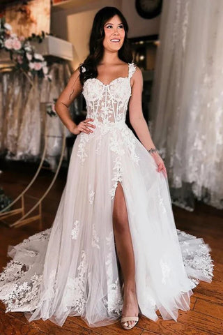 Vestido de novia elegante con hombros descubiertos, estilo boho, con abertura WD735