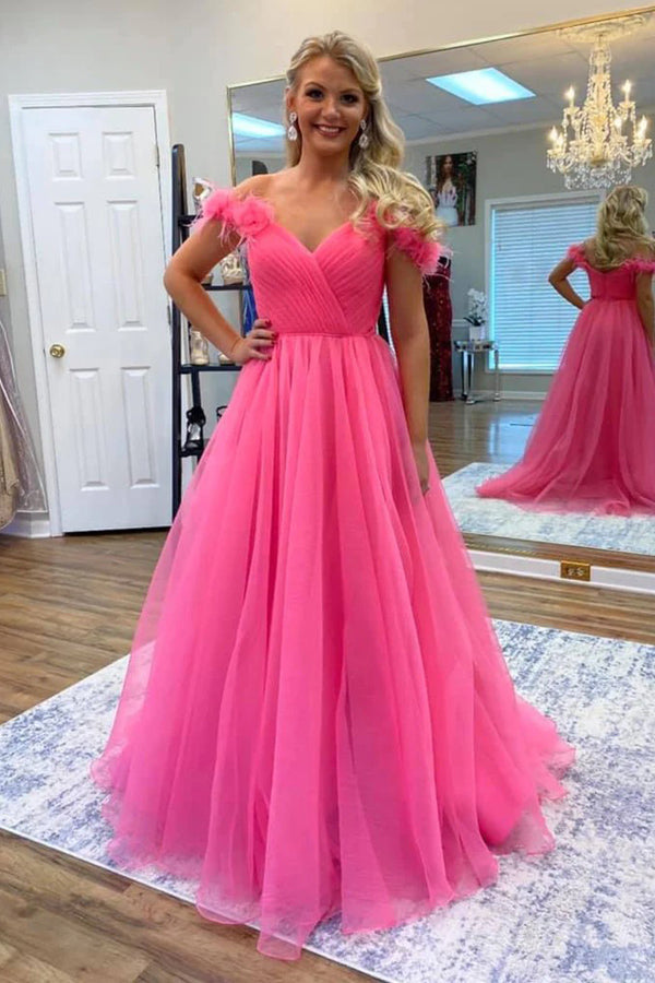 Robe de bal en tulle rose fuchsia à épaules dénudées avec fleurs 3D