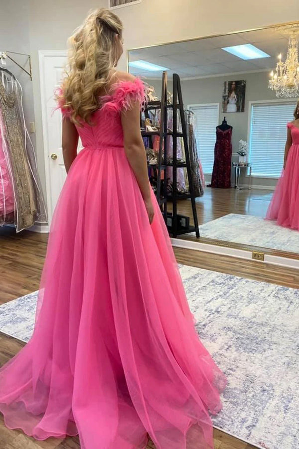 Robe de bal en tulle rose fuchsia à épaules dénudées avec fleurs 3D