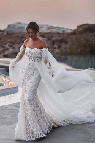 Vestidos de novia de playa estilo sirena con encaje y hombros descubiertos, con cola desmontable WD655