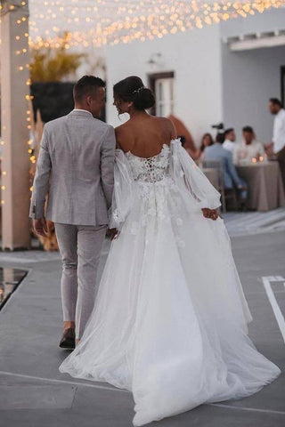 Vestidos de novia de playa estilo sirena con encaje y hombros descubiertos, con cola desmontable WD655