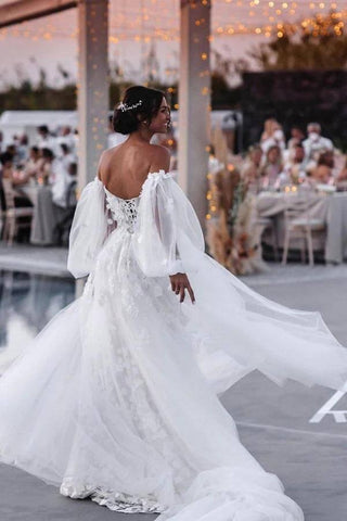 Vestidos de novia de playa estilo sirena con encaje y hombros descubiertos, con cola desmontable WD655