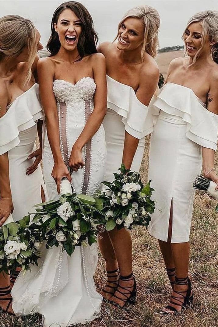 Vestido de dama de honor blanco hasta la rodilla VMB47