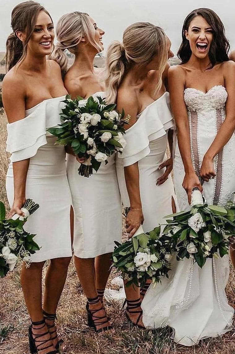 Vestido de dama de honor blanco hasta la rodilla VMB47