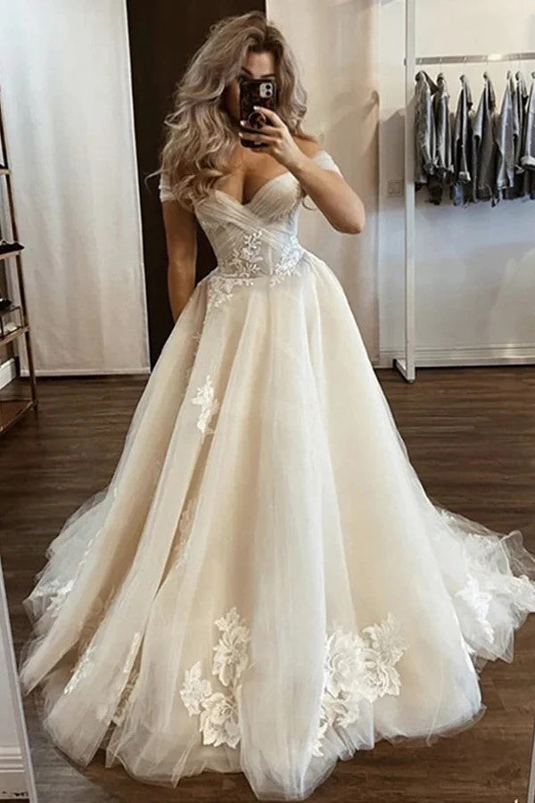 Robe de mariée champagne clair à épaules dénudées, modèle WD713