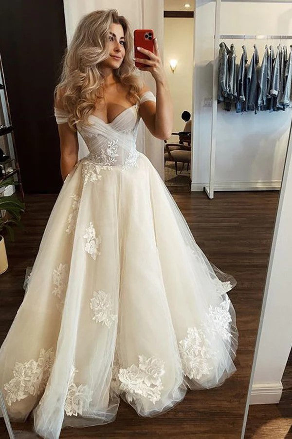 Robe de mariée champagne clair à épaules dénudées, modèle WD713