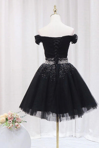 Off The Shoulder Black Homecoming Dress Tulle Short Prom Dress PD468