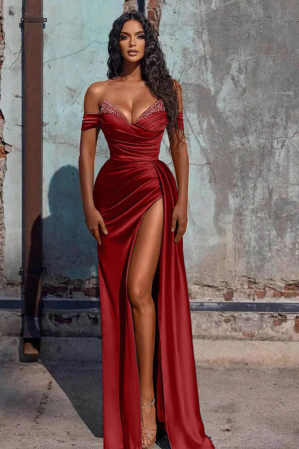 Off The Shoulder Mermaid Prom Dress High Slit Dress With Beading