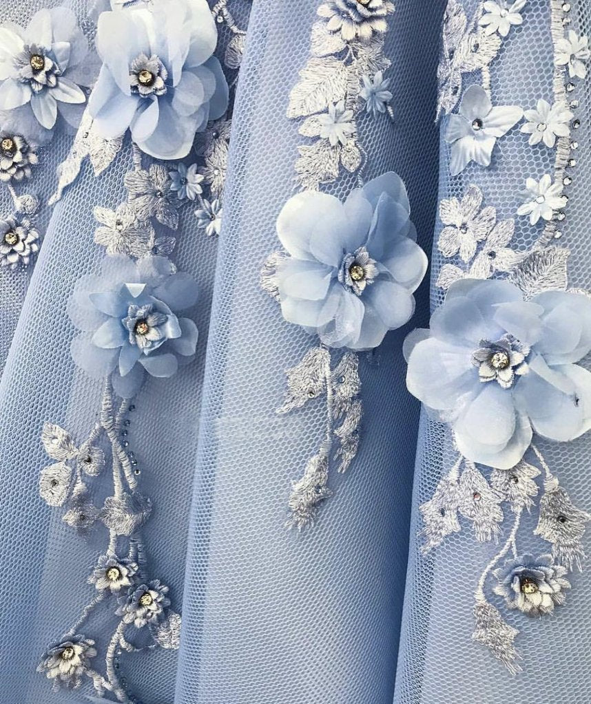Off the Shoulder A-Line Blue Tulle Lace Sweetheart 3D Flowers Prom Dresses
