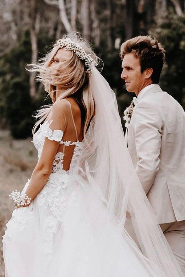 Off the Shoulder Ball Gown White Tulle Wedding Dresses with Applique  WD561