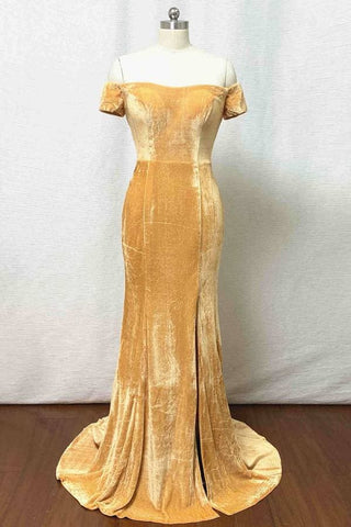 Vestido de dama de honor de terciopelo con corte sirena dorado VMB72