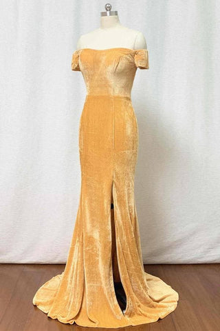 Vestido de dama de honor de terciopelo con corte sirena dorado VMB72