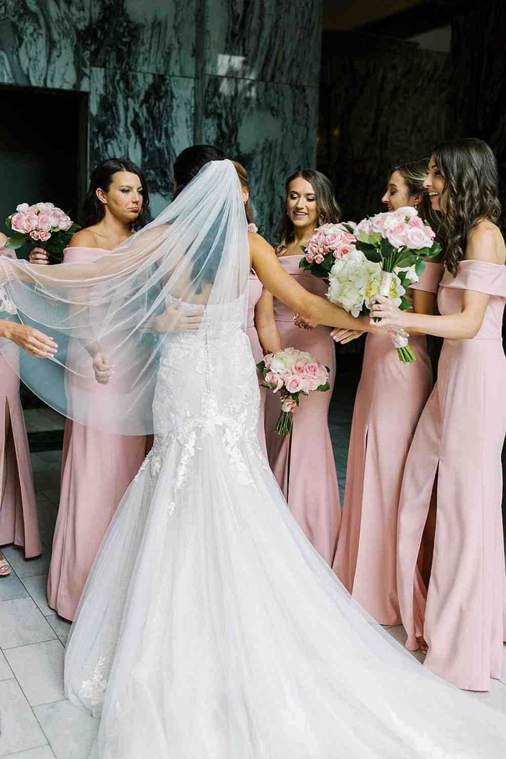 Off the Shoulder Pink Bridesmaid Dress with Slit VMB75